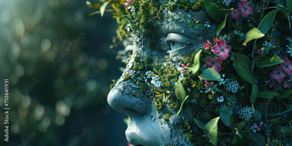 Poster A close-up view of a face adorned with colorful flowers. This image can be used for various purposes