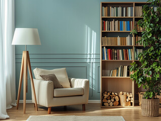 Elegant Modern Living Room in Scandinavian Design with Beige Armchair, Comfy Sofa, and Wooden Bookshelf Against a Serene Blue Wall, Illuminated by a Stylish Floor Lamp