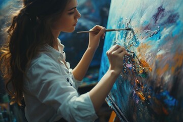 A woman in a white shirt is painting on a canvas. This image can be used for artistic and creative purposes