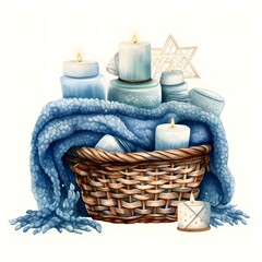 Fototapeta na wymiar Wicker basket with light fabric, burning candles isolated on white background. Hanukkah as a traditional Jewish holiday.