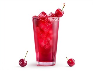 Design mockup. A bright red cherryade, cherries on top, served in a highball glass, on a white background. Generative AI