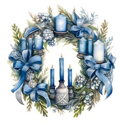 Floral round wreaths with Green leaves blue bows and candles. Hanukkah as a traditional Jewish holiday.