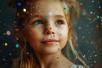 A joyful image of a little girl surrounded by colorful confetti. Perfect for birthday parties, celebrations, and festive occasions