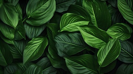 Closeup green leaves of tropical plant in garden. Dense dark green leaf with beauty pattern texture background. Green leaves for spa background. Green wallpaper. Top view ornamental plant in garden.
