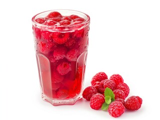 Design mockup. Useful in cafes. white background. Depict a raspberryade with whole raspberries floating, in a transparent glass. Generative AI
