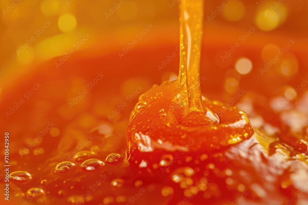 Poster a close-up view of a spoon filled with golden honey. perfect for food and cooking related projects