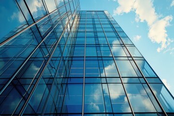 Obraz premium A tall glass building with a clear blue sky in the background. Perfect for architectural and urban design concepts