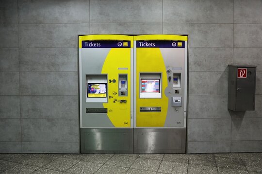 ESSEN, GERMANY - SEPTEMBER 20, 2020: Ticket machines at U-Bahn station in Essen, Germany. It is part of Rhein-Ruhr Stadtbahn, regional system of light rail public transportation.