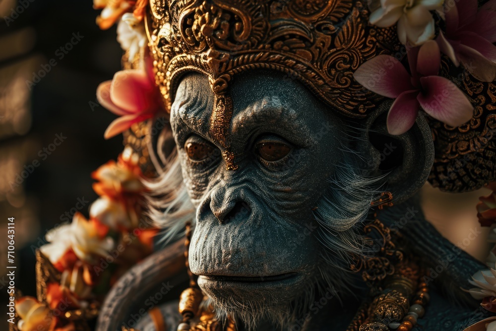 Poster A statue of a monkey wearing a crown. Perfect for adding a touch of whimsy to any space