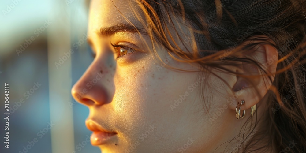 Poster A close-up view of a woman's face as she gazes out of a window. This image can be used to depict contemplation, daydreaming, or introspection. It is suitable for various themes and concepts