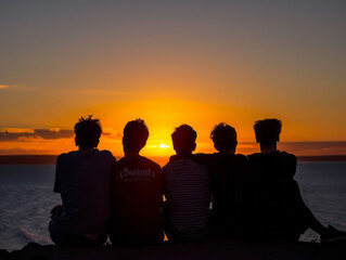 Silhouette of a group of friends sitting on the edge of a cliff watching the sunset