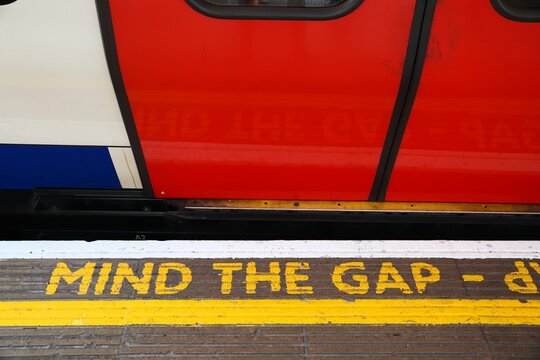 LONDON, UK - JULY 13, 2019: Mind The Gap warning at London Underground station. London Underground is the 11th busiest metro system worldwide with 1.1 billion annual rides.
