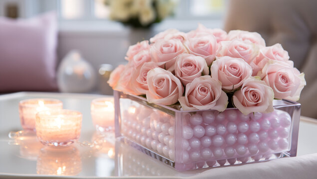 bouquet of ping roses it a grass vase with pearles inside, on a table with candles buring