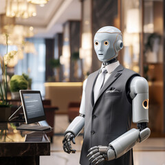Robot receptionist in a hotel. - obrazy, fototapety, plakaty