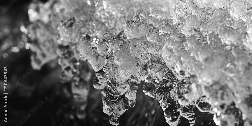 Poster A captivating black and white photo showcasing delicate ice crystals. Perfect for adding a touch of elegance and simplicity to any project