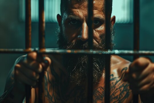 A man with a beard and tattoos is shown behind bars. This image can be used to depict incarceration, prison life, or the criminal justice system