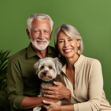 Senior couple with a dog on a green background.