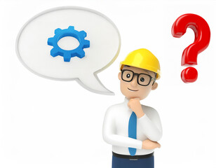 3d white man wearing a hard hat with cog gear and question mark on side.