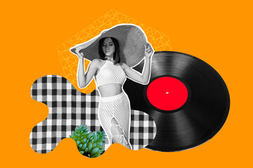 Photo image collage young attractive woman posing vintage vinyl record plate party event audio music stereo listener drawing background