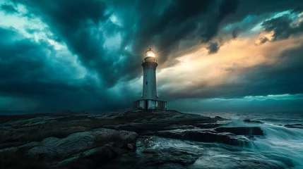 Foto op Aluminium An eerie illustration of an old lighthouse under a stormy sky © Adrian Grosu