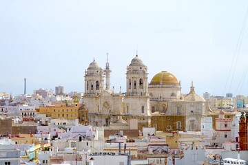 Cádiz Cathedral seen from Torre Tavira, Roman Catholic church in Cádiz, southern Spain, and the seat of the Diocese of Cadiz y Ceuta, Catedral de la Santa Cruz de Cádiz, Andalusia, Spain