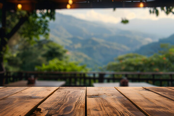 Wooden table in outdoor restaurant with blurred background