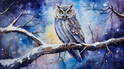 Watercolor painting of an owl sitting on a branch in winter forest