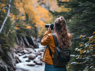 Beautiful girl photographer with a camera on the background of the autumn forest