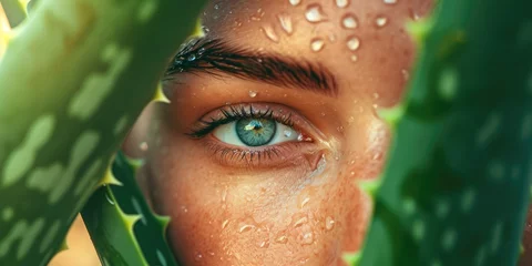 Zelfklevend Fotobehang Young beautiful womans face behind aloe vera plant with water drops © piai