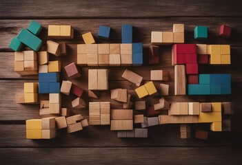 Colored wooden blocks diagonally aligned on a old vintage wooden table For something with concept of