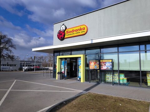 BYTOM, POLAND - DECEMBER 31, 2021: Biedronka supermarket in Bytom, Poland. Biedronka grocery store chain has over 2,800 locations in Poland.