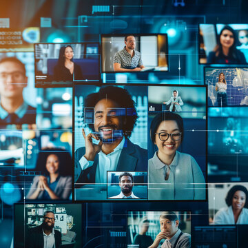 The image captures a diverse global team in a virtual meeting, symbolizing modern, interconnected teamwork in the digital corporate world.