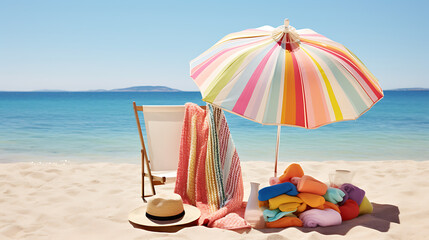 Imagine a vibrant array of summer accessories like a colorful beach umbrella, a pair of stylish sandals, and a beach towel, set against a pure white background for a fresh and lively atmosphere