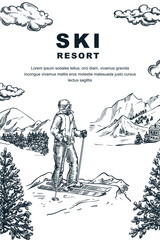Ski winter resort travel poster, banner. Vector hand drawn sketch illustration. Skier on top of mountain background - 710646325