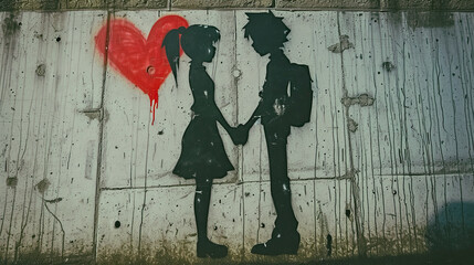 Naklejka premium Silhouetted Lovers with Heart Graffiti