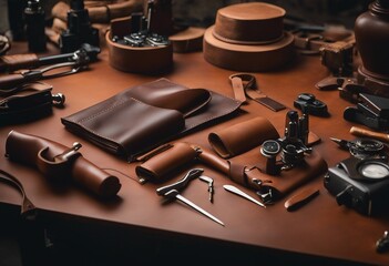 Leather craft or leather working beautifully colored tanned leather on leather craftmans work desk w