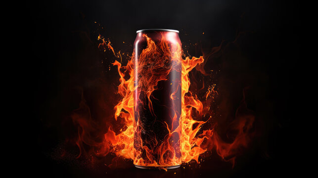 Can of energy drink, fire on the background, black background