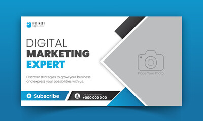 Corporate creative YouTube thumbnail and social media cover design, digital marketing agency live video streaming for business promotion on abstract blue colorful shapes and white background