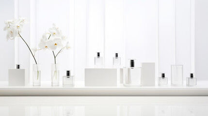 Glass bottles with perfume. White luxury perfume store. Creating fragrances
