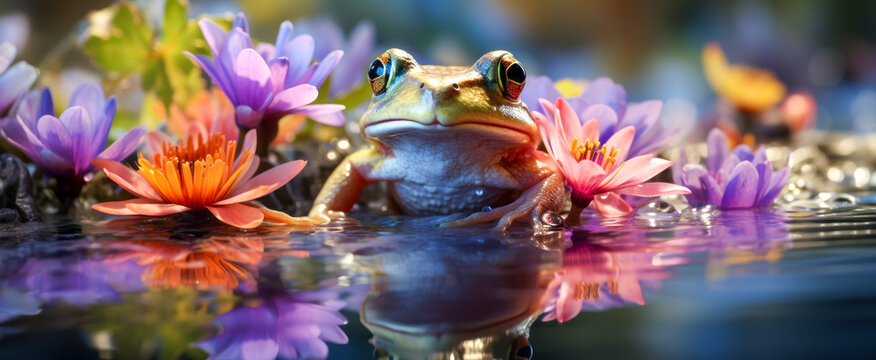 Frog in the pond with lotus flowers and reflection in water