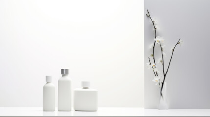 Mockup bottles on a clean white background. White flowers in a vase. Minimalism