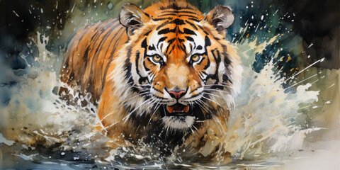 Fototapeta na wymiar Beautiful tiger running in water. 3d render