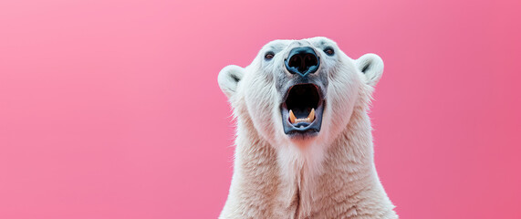 Roaring Polar Bear isolated on flat Pink Background with copy space, banner template. A fierce polar bear with mouth agape, showcasing its teeth. - obrazy, fototapety, plakaty