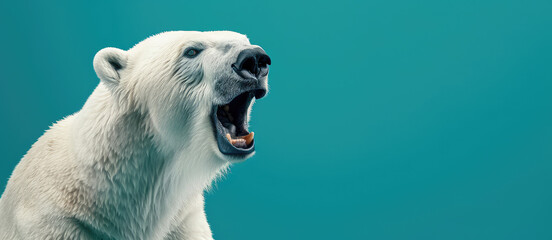 Roaring Polar Bear isolated on flat green Background with copy space, banner template. A fierce polar bear with mouth agape, showcasing its teeth. - obrazy, fototapety, plakaty