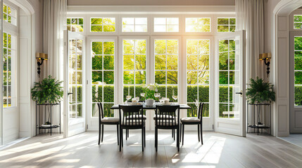 An elegant dinning room with large doors and windows - obrazy, fototapety, plakaty