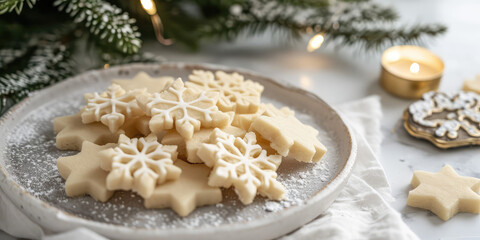 Obraz na płótnie Canvas Sugar Cookies Pre-Baking. Sugar cookies cut into form of stars and snowflakes, sprinkled with sugar, ready for baking, fur tree.