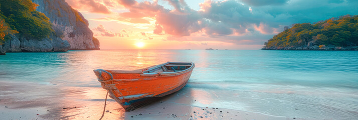 A weathered wooden boat rests on a sandy beach at sunset. The sky is ablaze with hues of orange, pink, and purple, reflecting off the calm ocean waves.