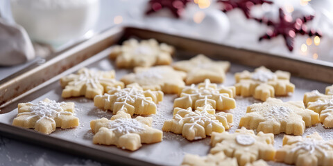 Sugar Cookies Pre-Baking. Sugar cookies cut into form of stars and snowflakes, sprinkled with sugar, ready for baking.