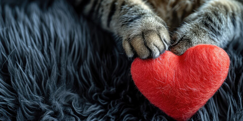 Tabby Cat Holding Red Heart. Close-up of a tabby cat with a fuzzy red heart toy between its paws,...