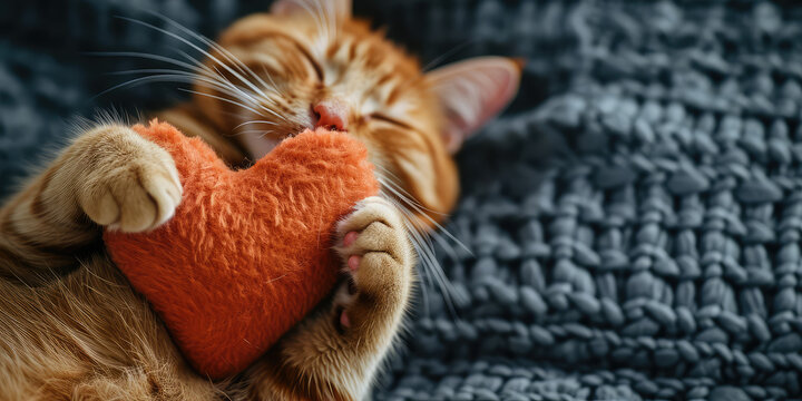 Orange Tabby Cat Holding Red Heart. Close-up of a tabby cat with a fuzzy red heart toy between its paws, expressing affection wallpaper. - Powered by Adobe